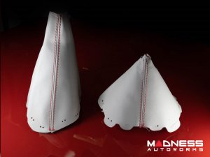 FIAT 124 Spider Gear Shift + eBrake Boot Kit - Black Italy - White Leather w/ Red Stitching